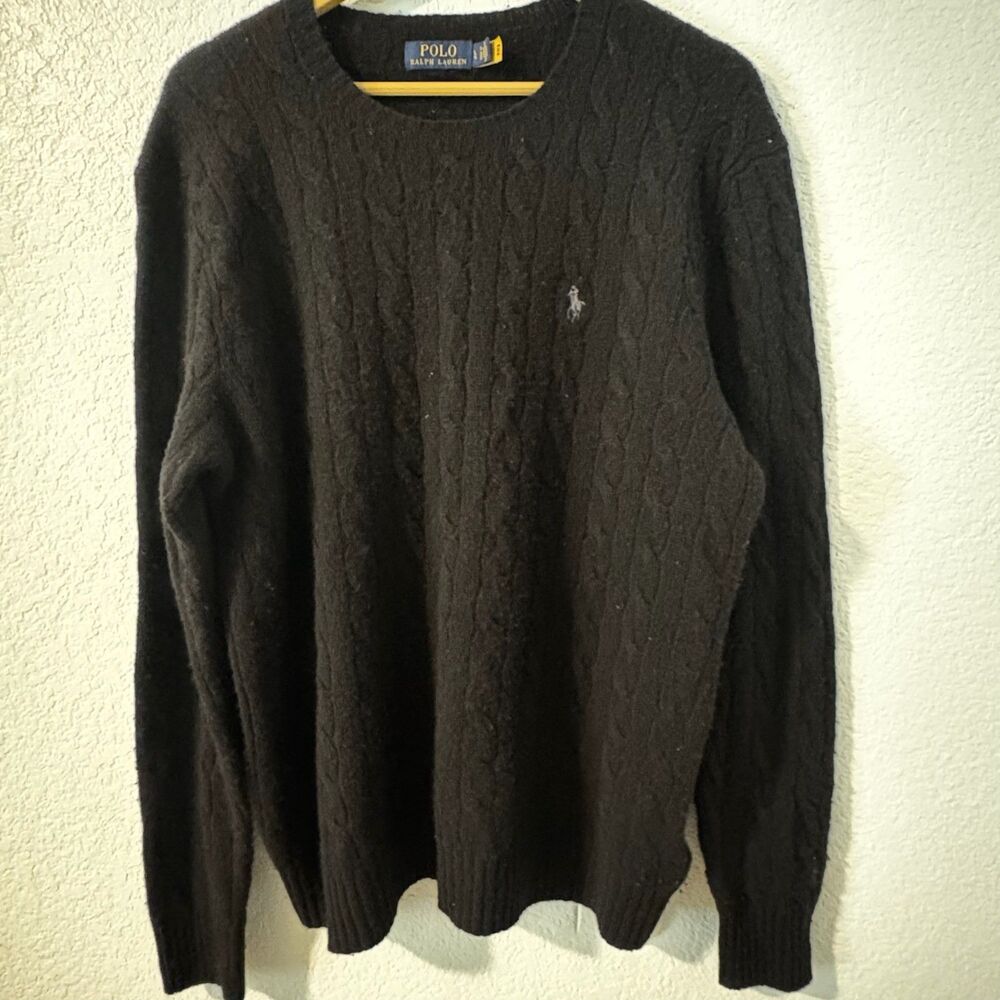 Polo Ralph Lauren Cable Knit Sweater Mens Black Wool Cashmere Pony Logo